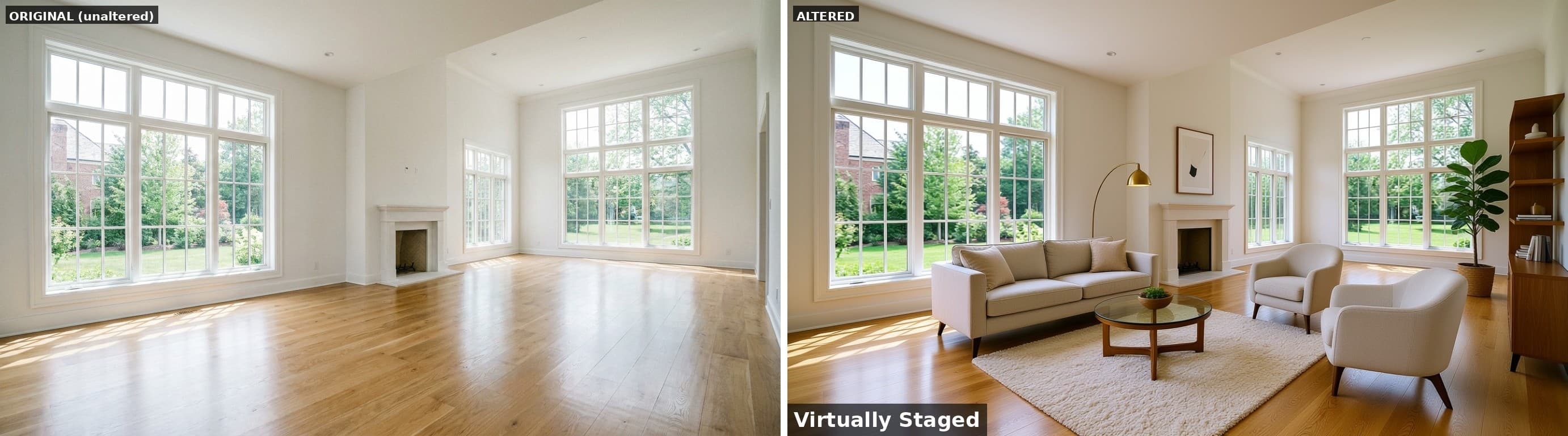 Empty room -> virtually staged, with the AB-723 disclosure